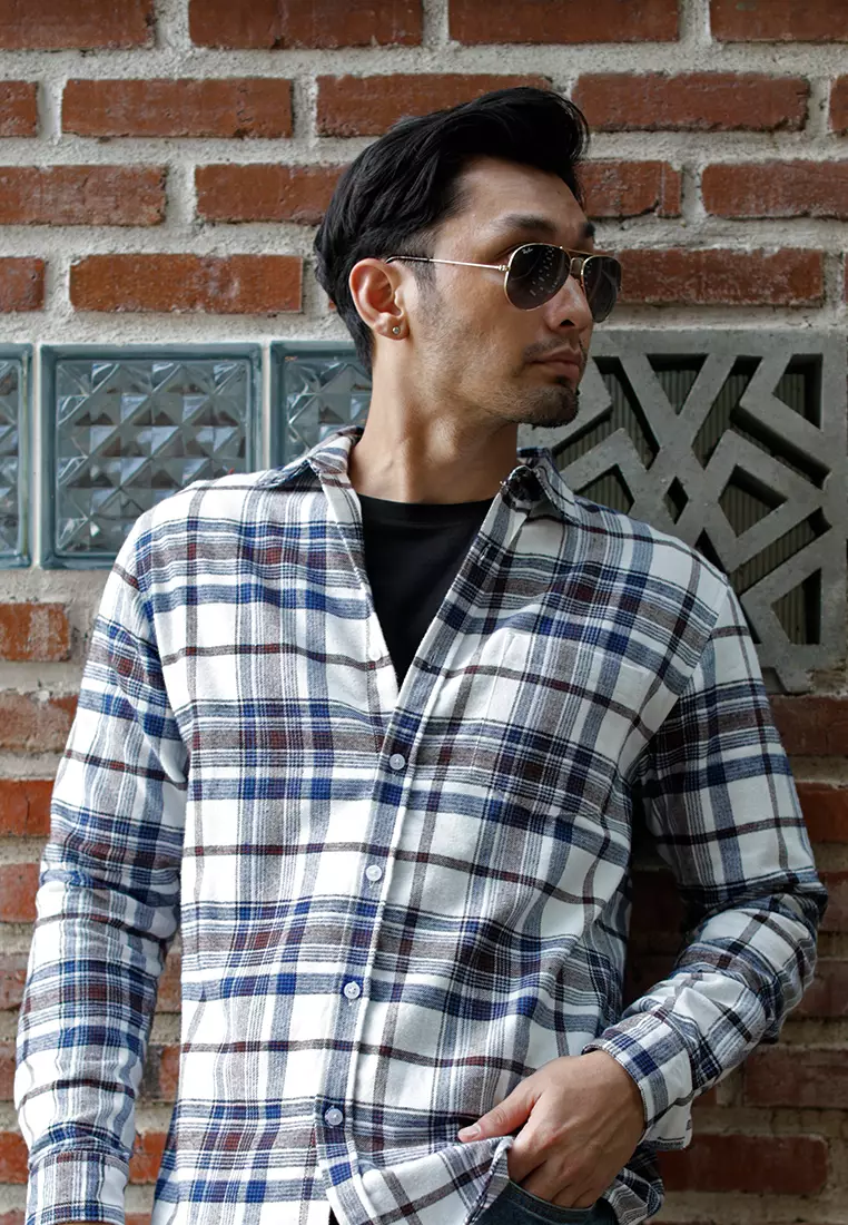 OXCON Extra Comfort Authentic Flannel Shirt White Blue Navy