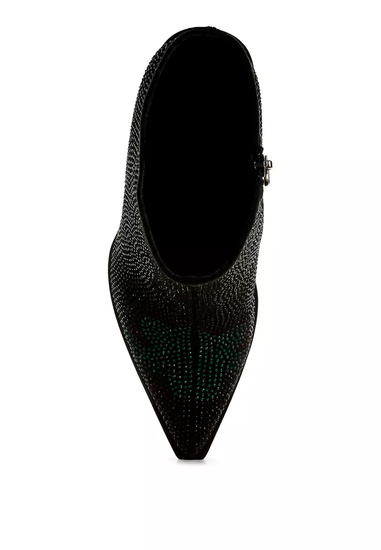 Sepatu bot hak blok berhias berlian imitasi berwarna hijau