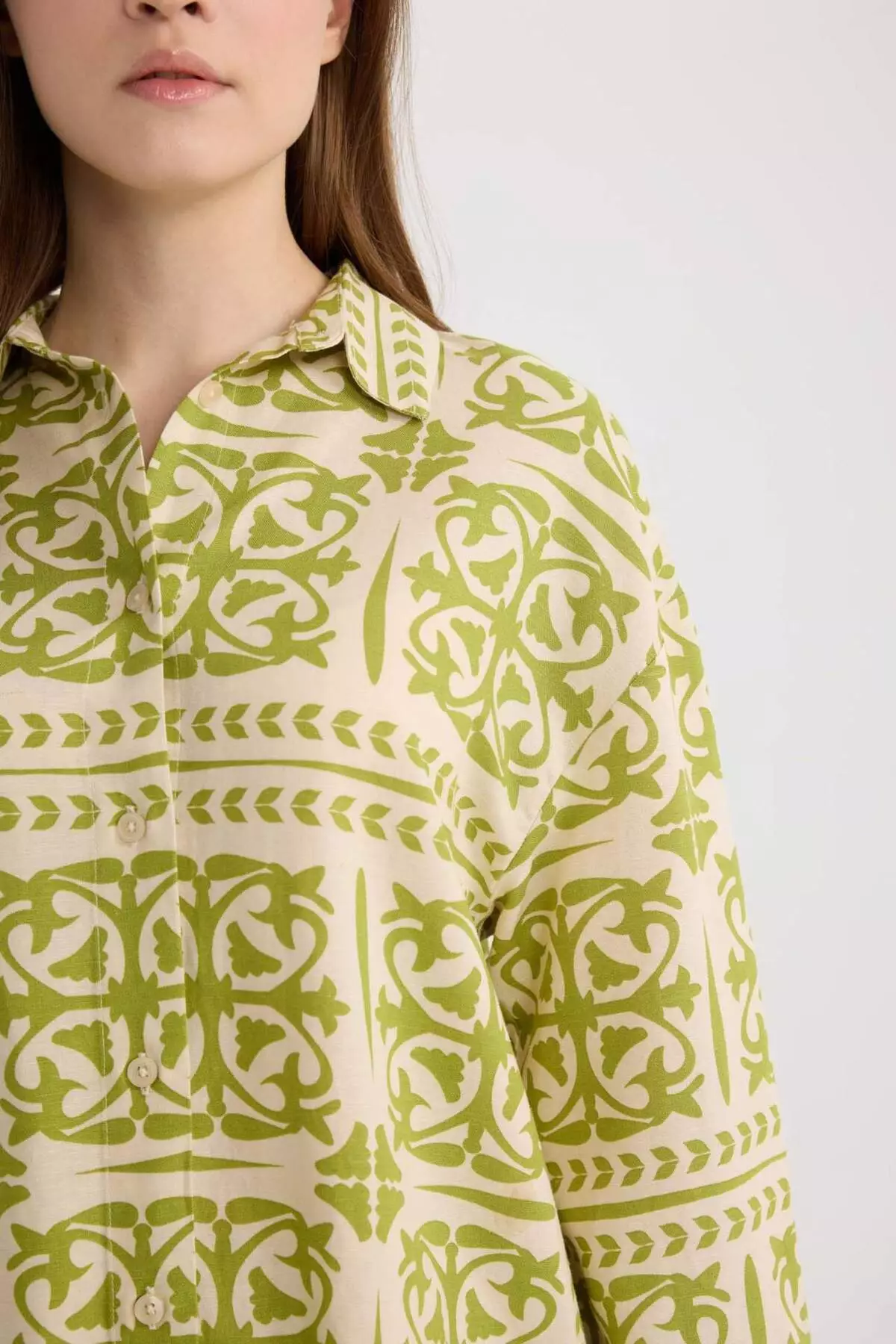 Relax Fit Patterned Linen Blended Long Sleeve Hijab Shirt Tunic D8184Ax25Sp