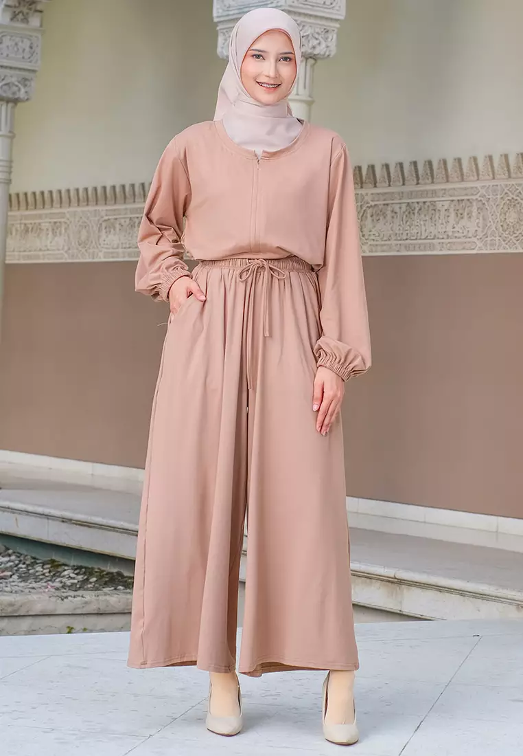JV Hasanah Oneset Culottes Rayon Baju Kurung Mocca | Setelan Kulot Rayon Baju Kurung Busui Jumbo