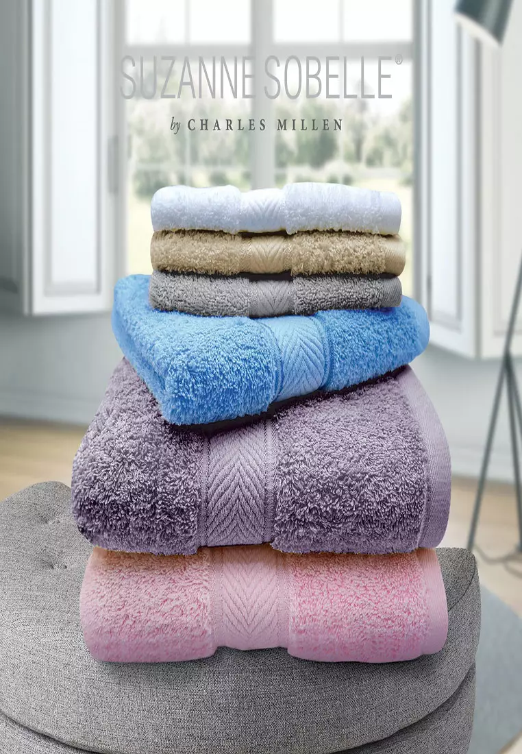 SET OF 2 Suzanne Sobelle By Charles Millen 100% Combed Cotton Garland Bath Towel 68 x 137cm 480g.