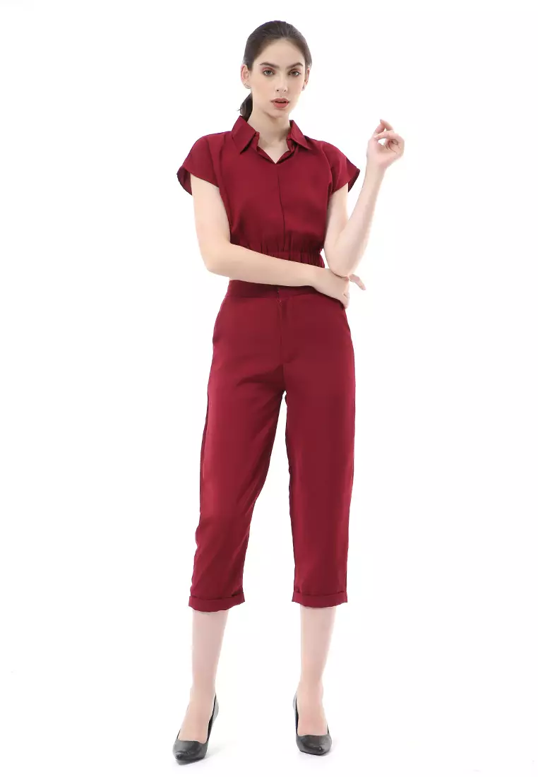 Nayra One Set Setelan Atasan Crop Karet Lengan Pendek Basic Pants Wanita Material Dolce ORIGINAL - Maroon