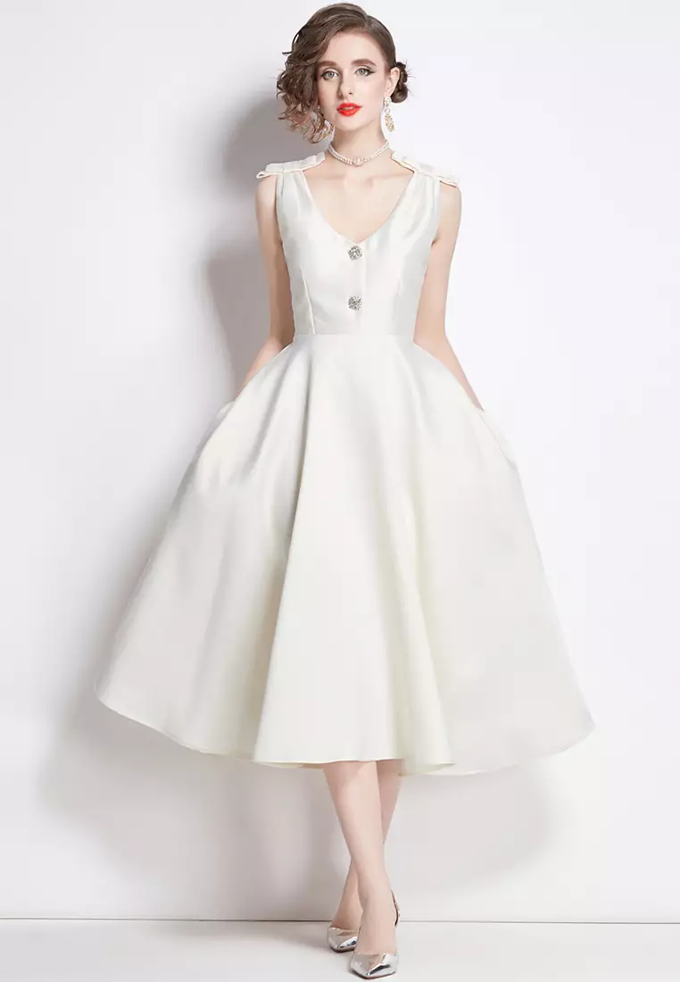 Retro French Satin Dress Minimalist Slim Fit Party Dress CA4021902W