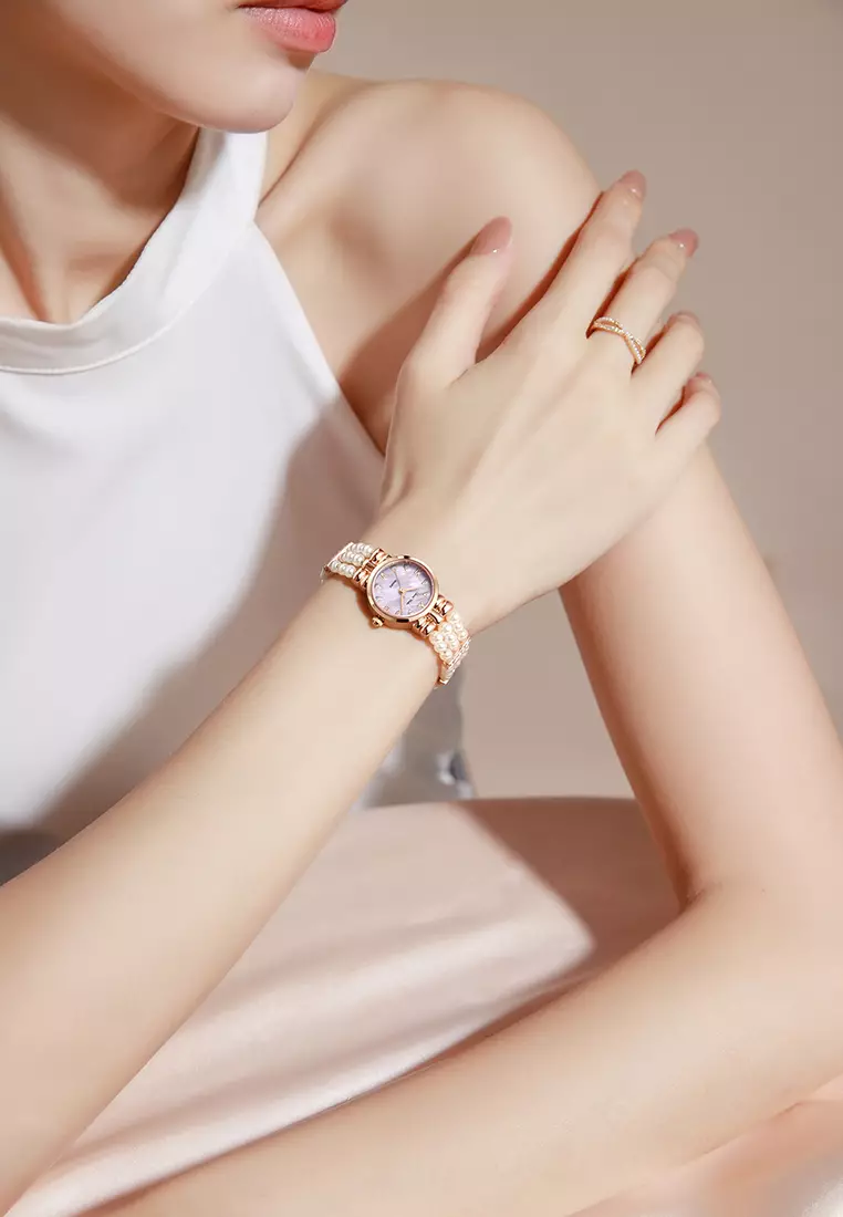 Jam Tangan Wanita Gelang Anti Air Original Fashion Korea Tali Mutiara Jam Tangan Cewek rose purple
