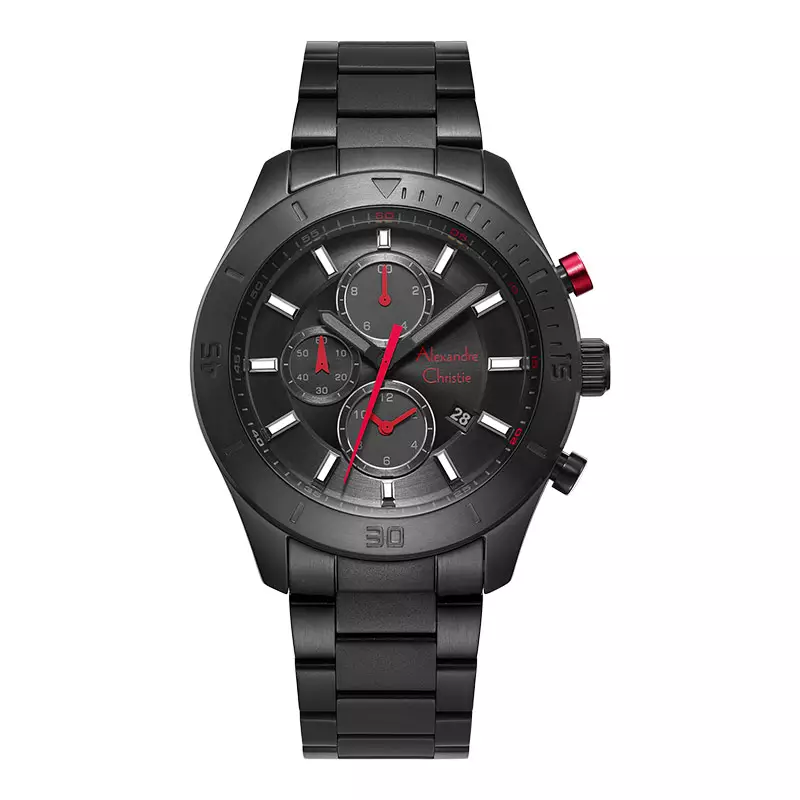 Jam Tangan Pria Alexandre Christie AC 603 MC BIPBARE Chronograph Men Black Dial Black Stainless Steel Strap