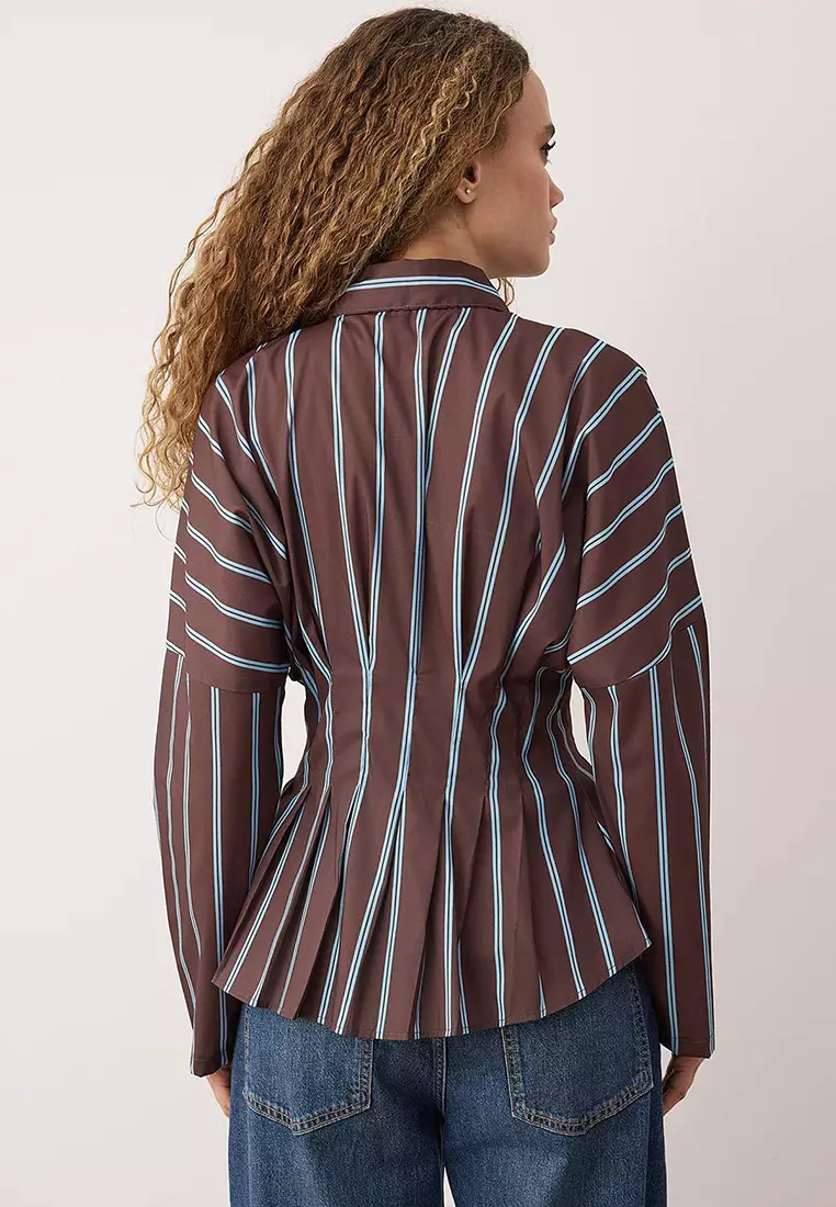 Brown-Multicolored Striped Lycra Fitted Waist Shirt Twoaw26Go113