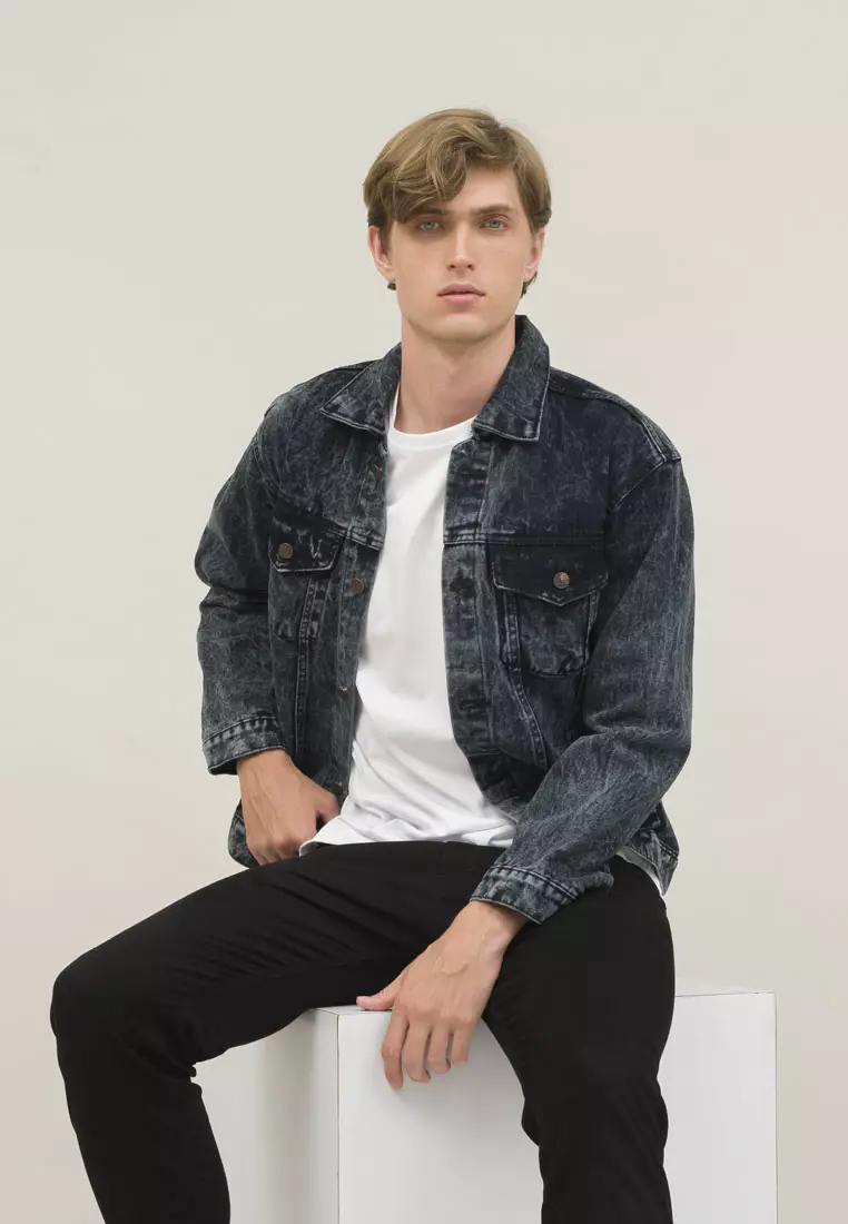 Jaket Jeans Pria Polos Tebal Dilan Jaket Denim Abu tua Pudar