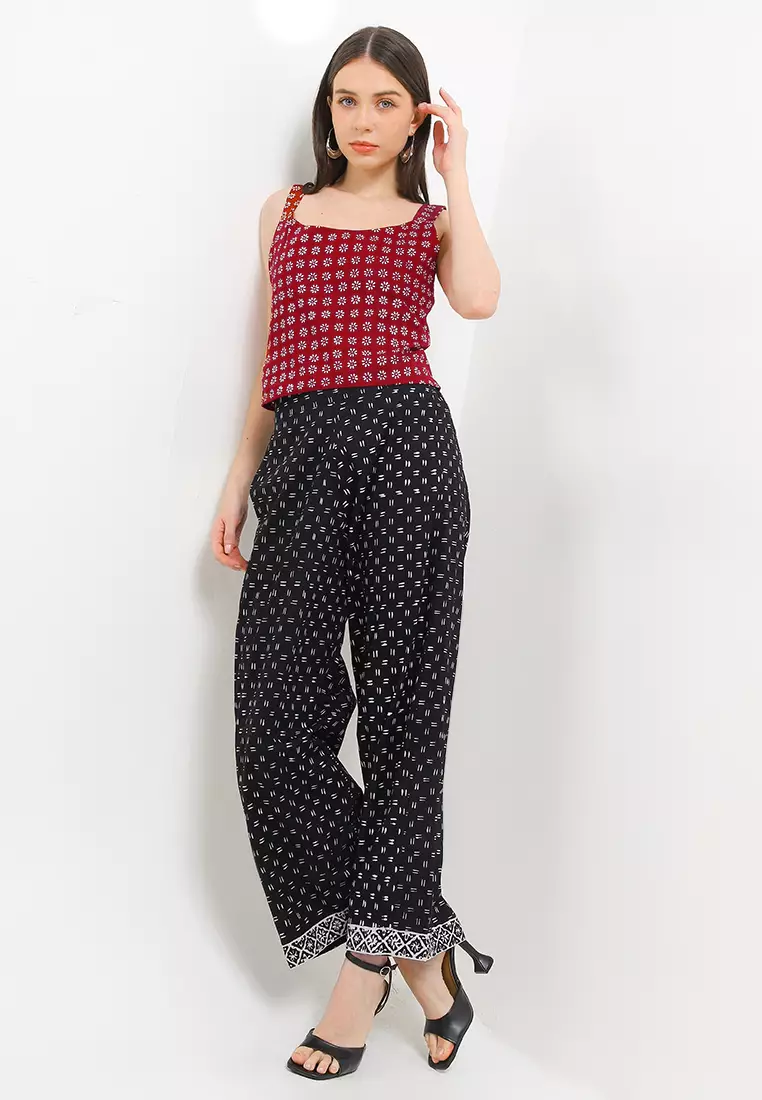 Setelan Myra Batik One Set Atasan Croptop dan Celana Kulot Bawahan Hitam Maroon
