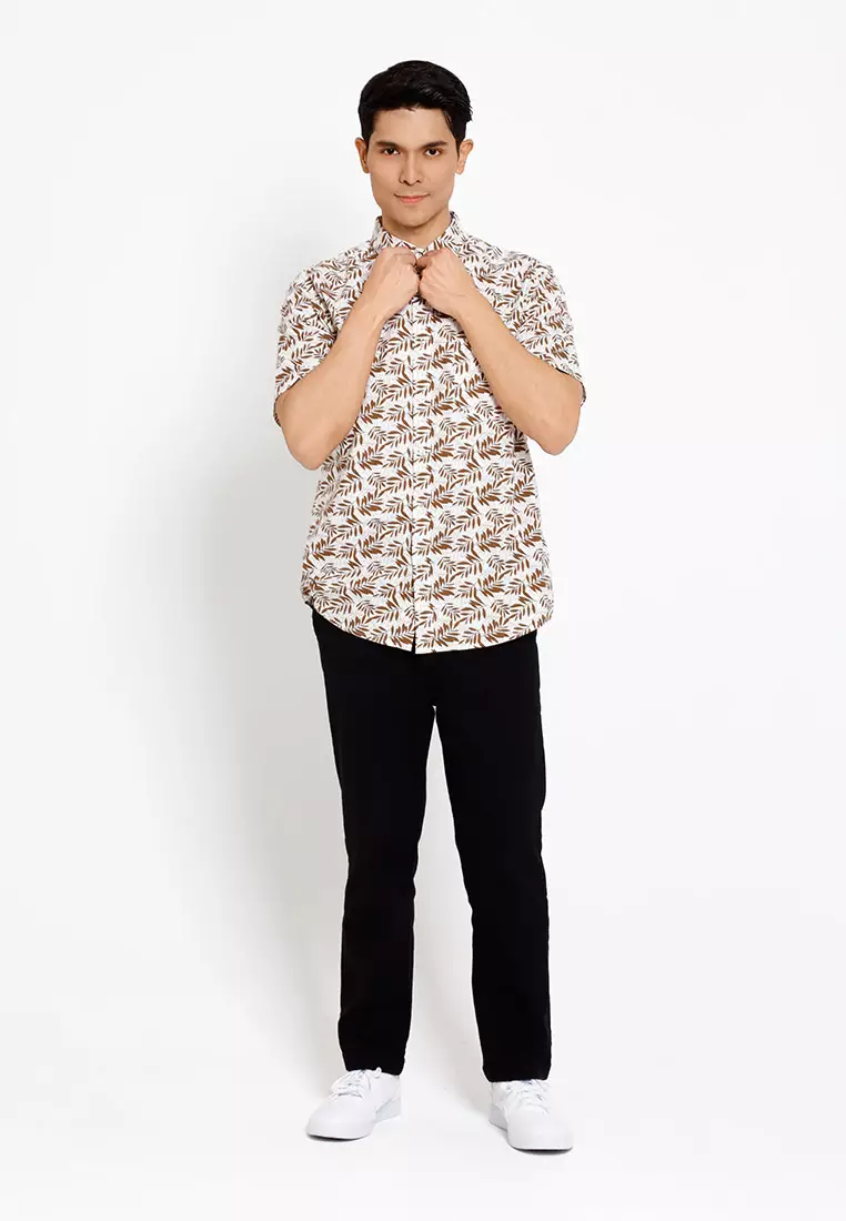 Forest Woven  Collar Full Floral Printed Short Sleeve Men Shirt | Baju Kemeja Lelaki - 621452-11Brown