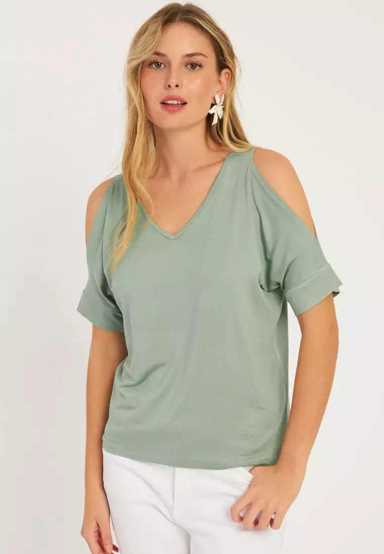 V-Neck Cold Shoulder Blouse