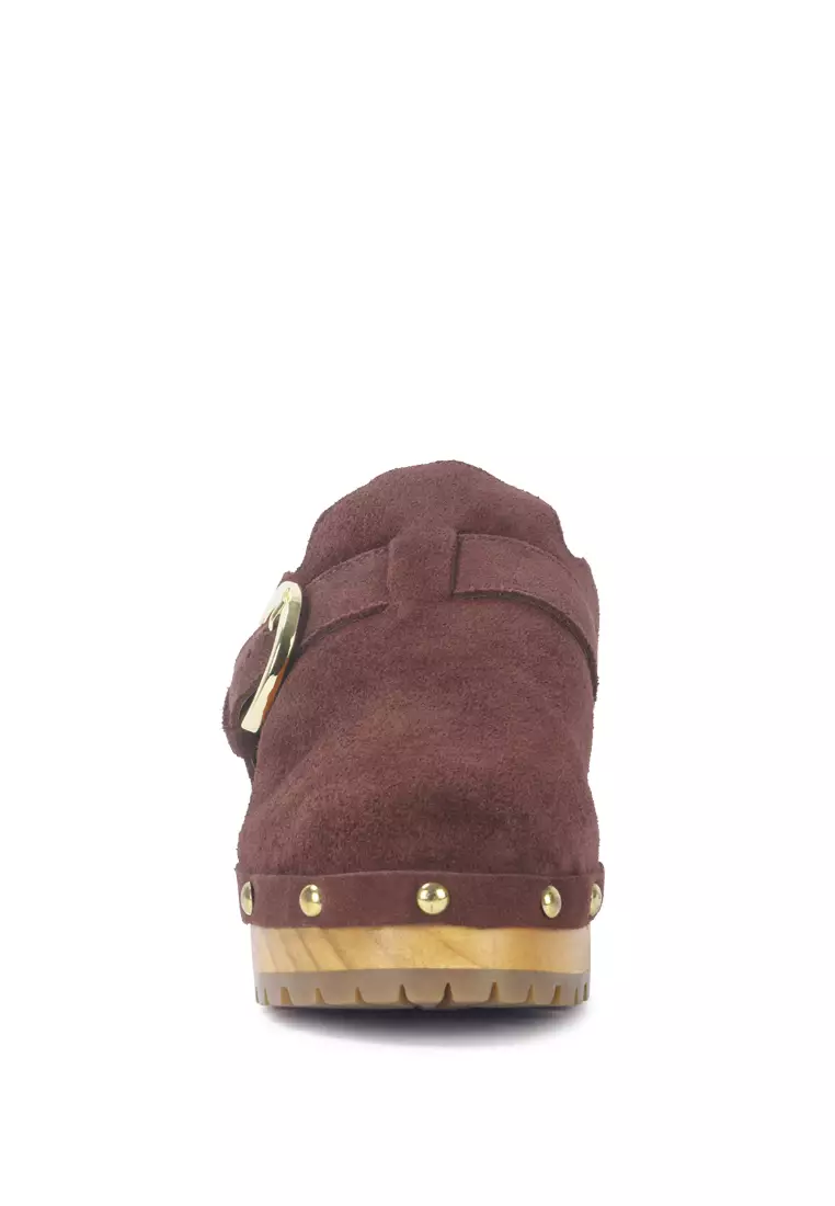 Brown Buckled Suede Round Toe Mule Clogs