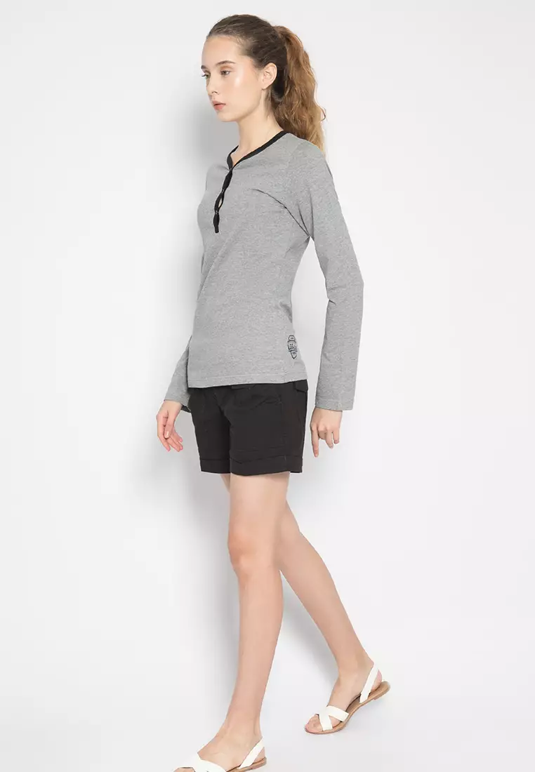 LGS Kaos Wanita Lengan Panjang Slim Fit Abu List Hitam Neck Size