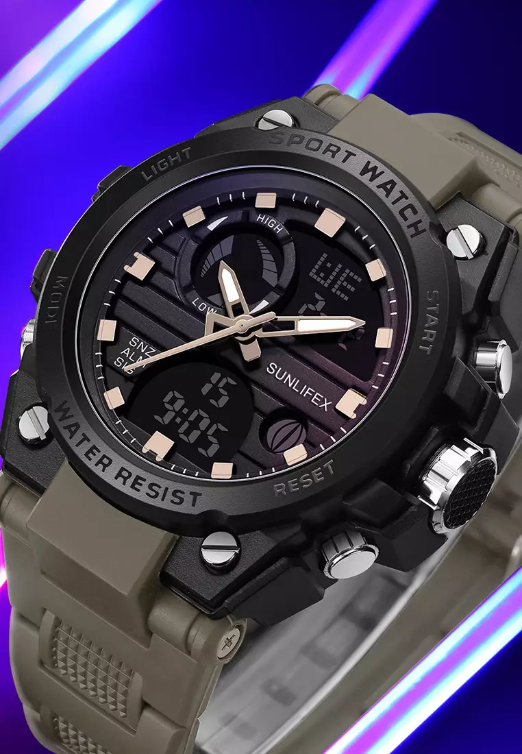 Jam Tangan Pria Analog&Digital Tali Silicone Original Luminous Display Anti Air Jam Tangan Cowok KHAKIBLACK