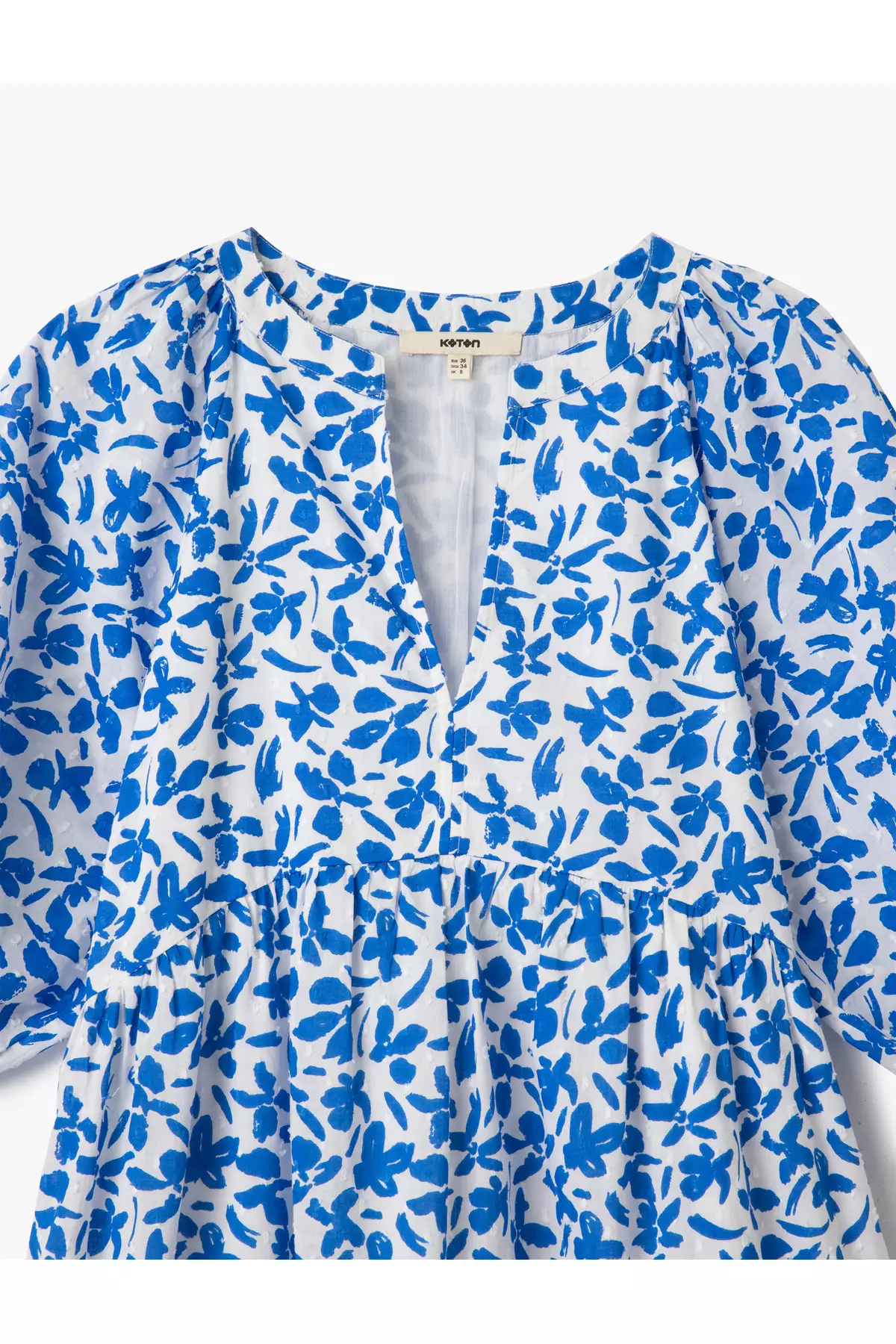 棉質內襯中式領燈籠袖長款花卉連身裙