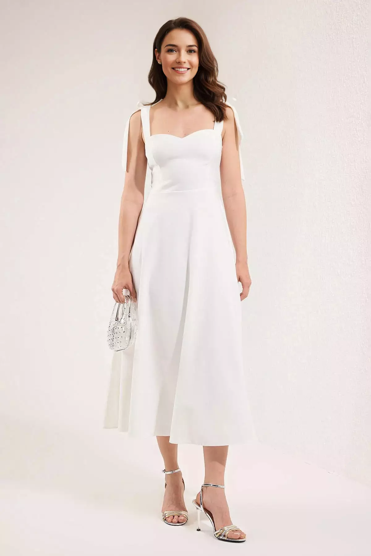 White A-Line Strap Binding Detail Woven Midi Stylish Evening Dress Night Graduation Dress Tprss24El00251