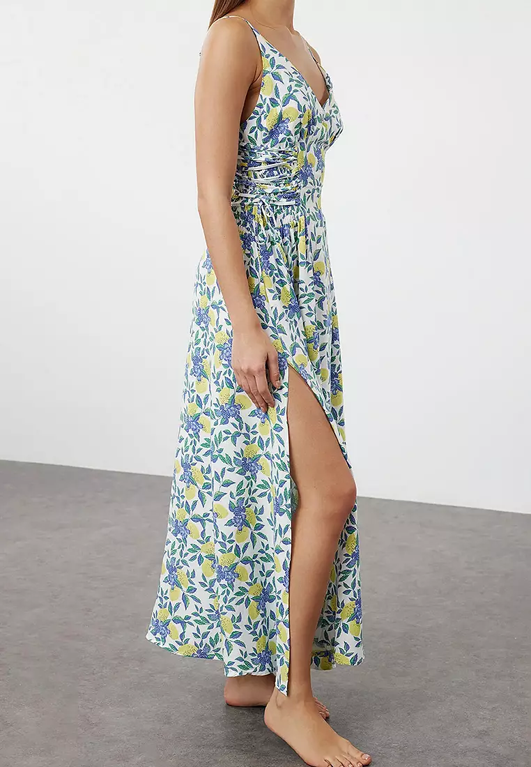 Viscose V-Neck Slit Beach Midi Dress