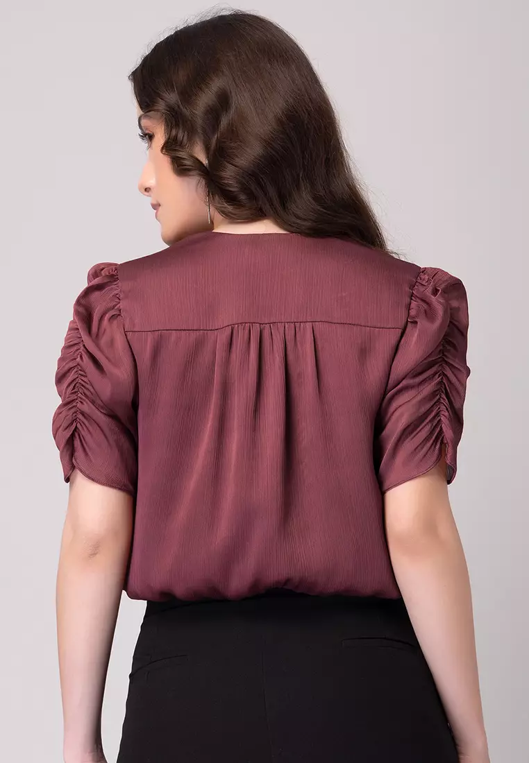 Red Ruched Sleeve Crop Top