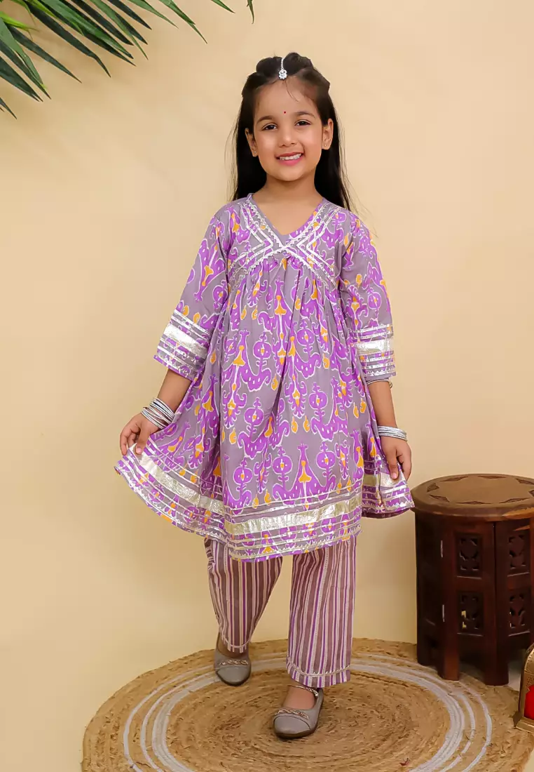 The Mom Store Sage Violet Girls Anarkali Kurta Set - Multi