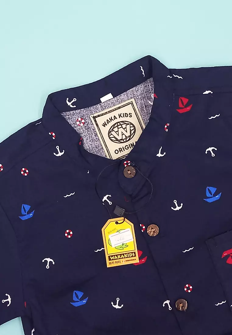 Kemeja Anak Laki Laki Usia 1 Tahun Hingga 6 Tahun Atasan Baju Kerah Shanghai Mandarin Collar Shirt Motif Jangkar Anchor Pattern 4322 Vensk
