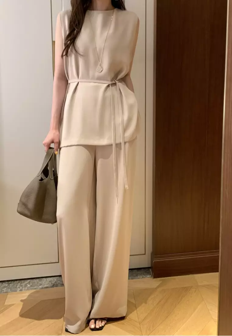 Retro tie-front top and high-waisted casual pants set CA26033041BE
