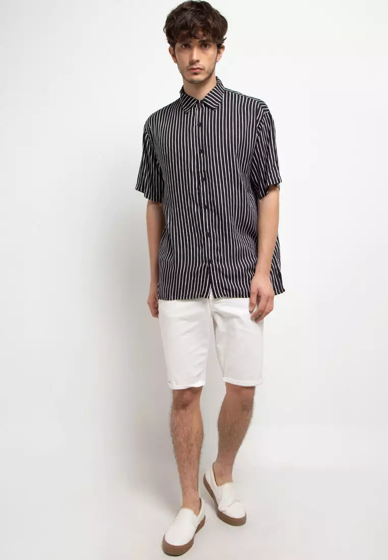 Nade Japan NTA38 Kemeja Pantai Kasual Pria Stripe Hitam