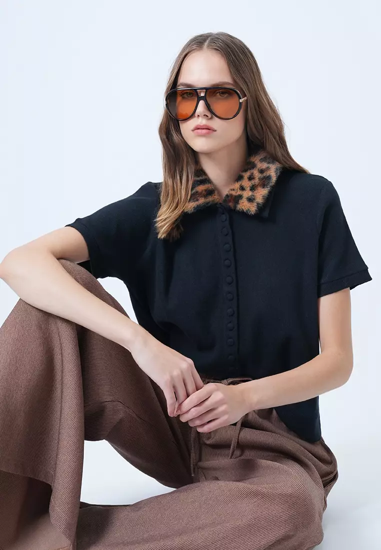 Leopard Detachable Fur Detailed Knitted Blouse