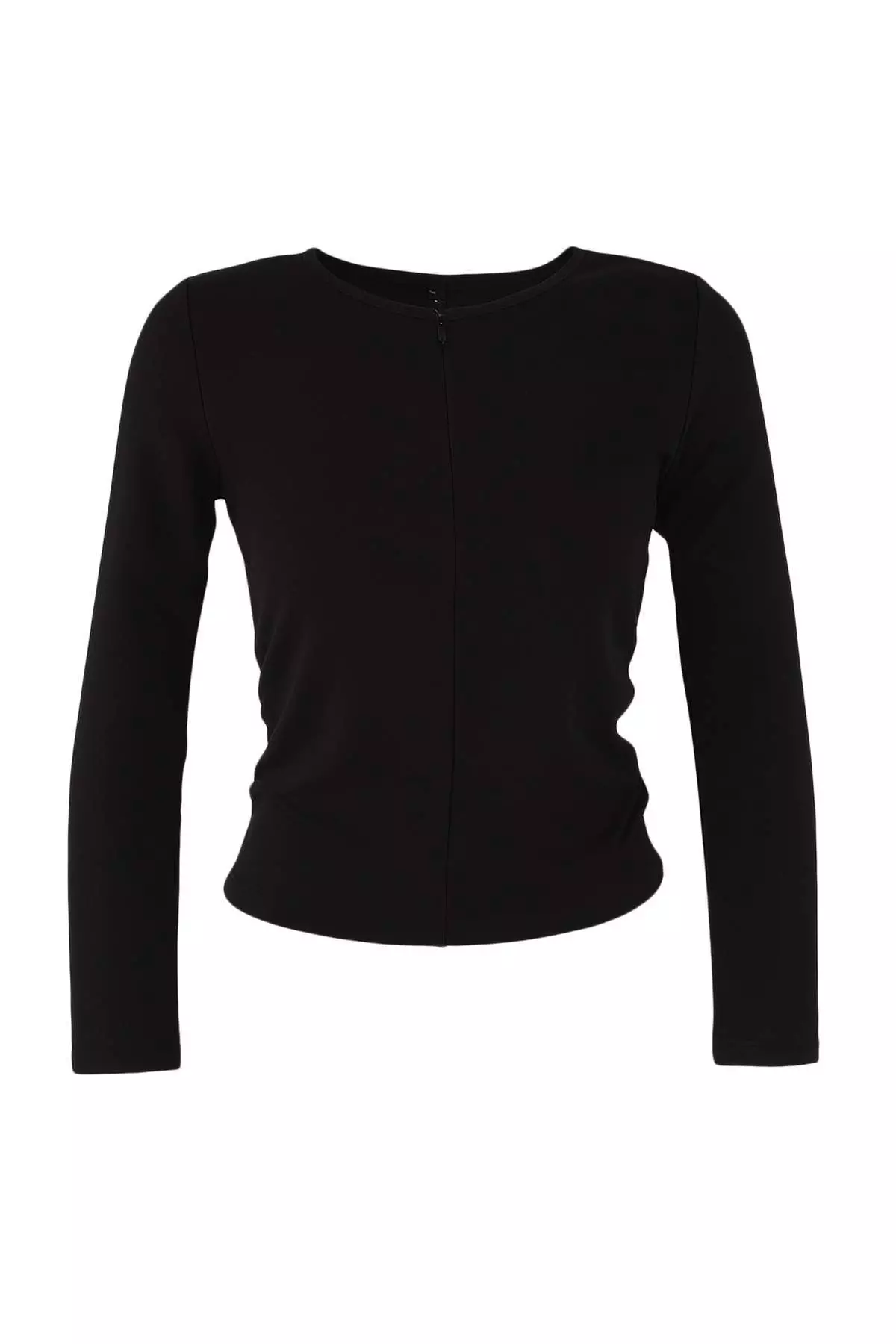 Black Fitted/Fits The Body Double Look Half Zippered Double Layered Knitted Blouse
