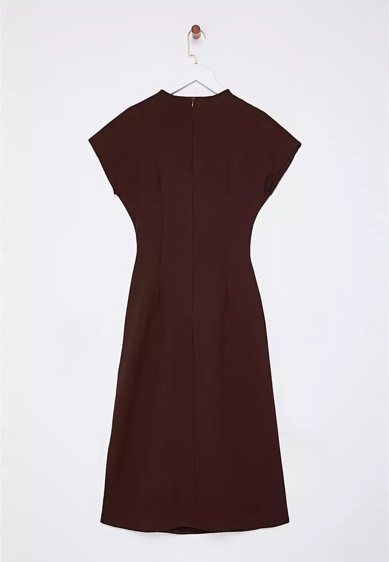 Brown A-Line Cowl Neck Midi Crepe Woven Dress TWOAW25EL00393