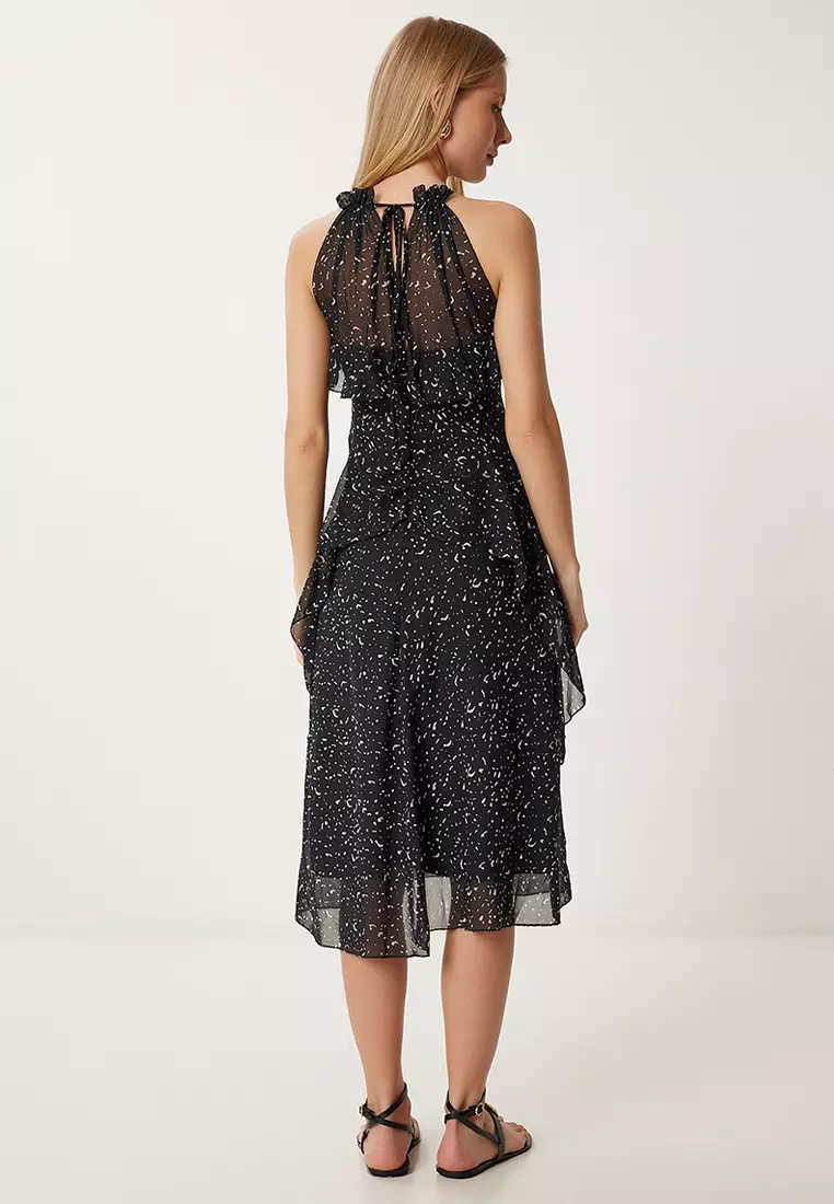 Women's Black Bone Pattern Flounced Summer Chiffon Dress Fg00025