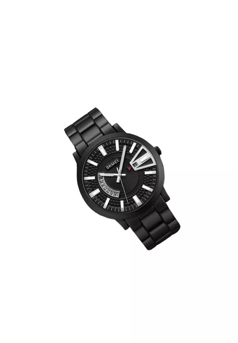 Jam Tangan Pria Analog Watch 3D Metal Time Scale Waterproof 30M - 1985 - Silver Black