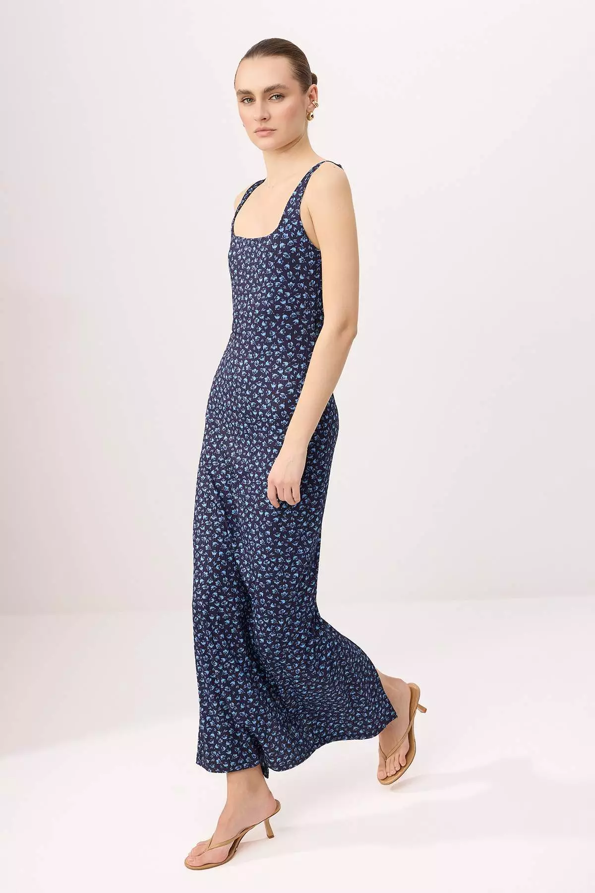 Navy Blue Floral Bodycon Thick Strap Pool Neck Sleeveless Stretchy Knitted Dress Twoss26El472