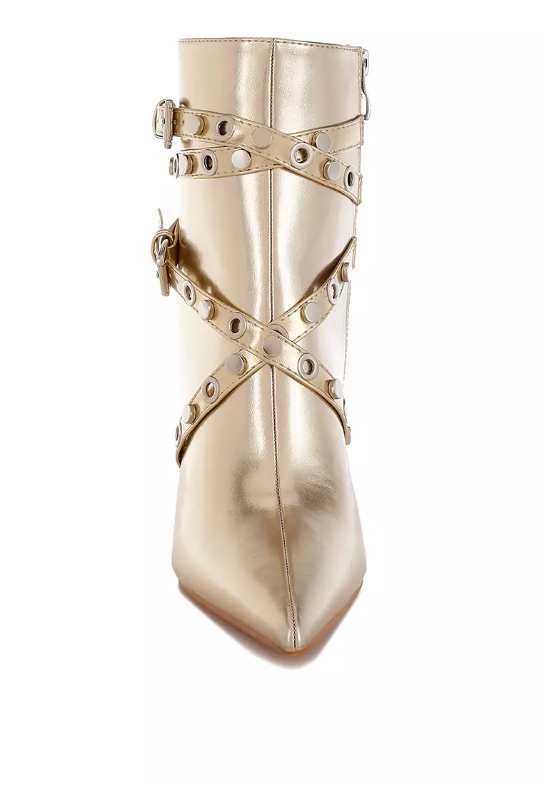 Eyelets & Studs Harness Ankle Boots in Gold
