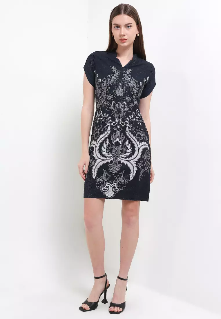 Dress Wanita Bodyfit Batik Furing Lining Dress Ferazella New Navy