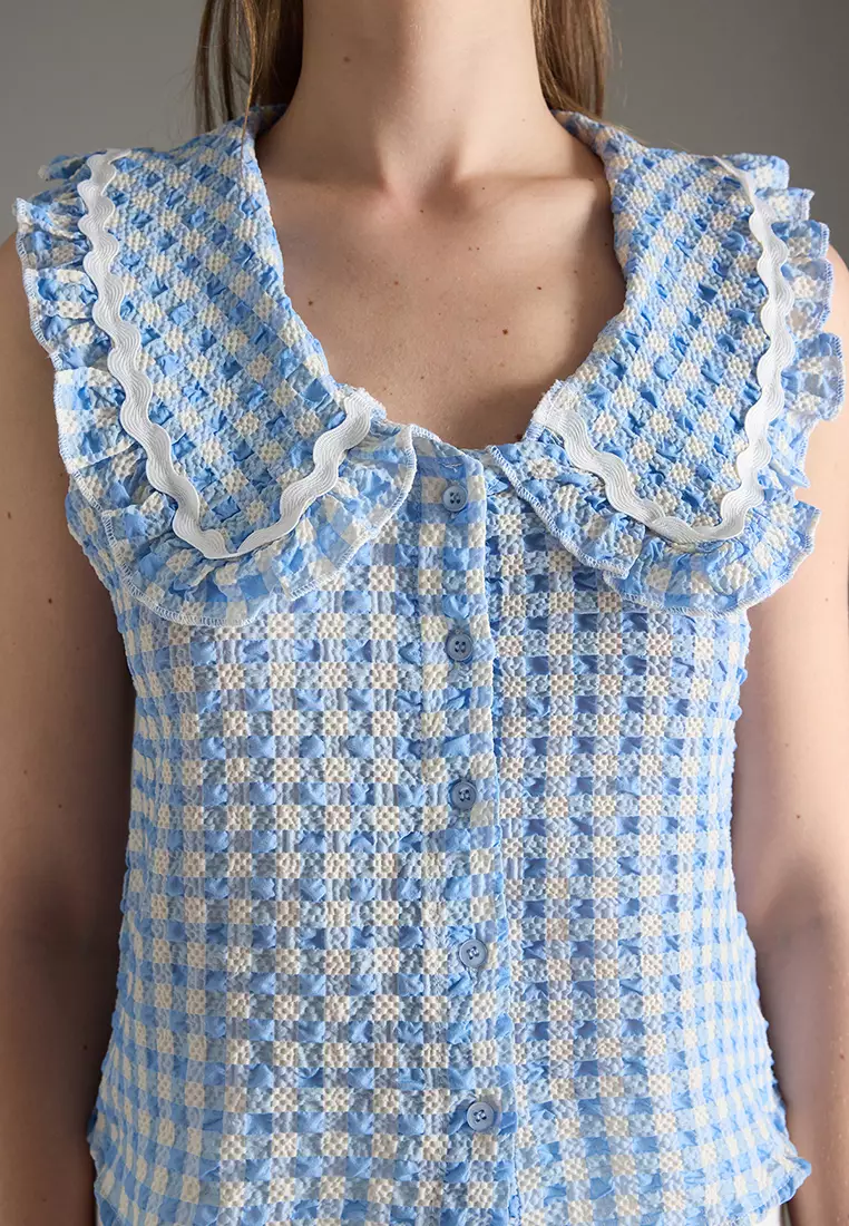 Blue Baby Collar Plaid Shirt TWOSS25GO00154