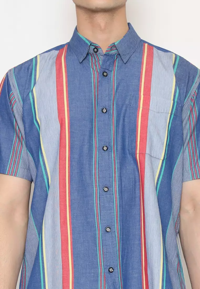 POLICE Kemeja Salur Printing Biru Regular Fit Pria