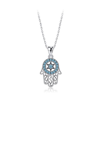 Glamorousky blue 925 Sterling Silver Fashion Creative Fatima Palm Pendant with Blue Cubic Zirconia and Necklace 7A65DACFD01AC6GS_1