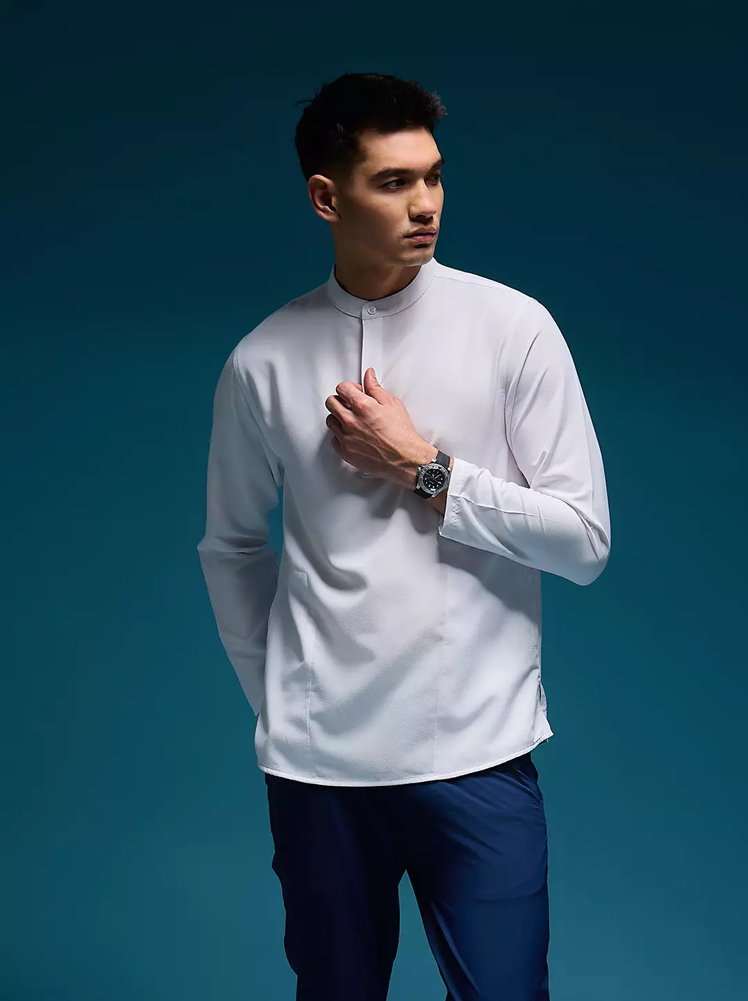 OXCON Kemeja koko Tangan Panjang Collarless Azfar Putih