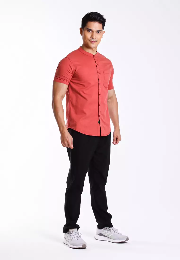 Forest Woven Mandarin Collar Short Sleeve Men Shirt | 621405-58BrickRed