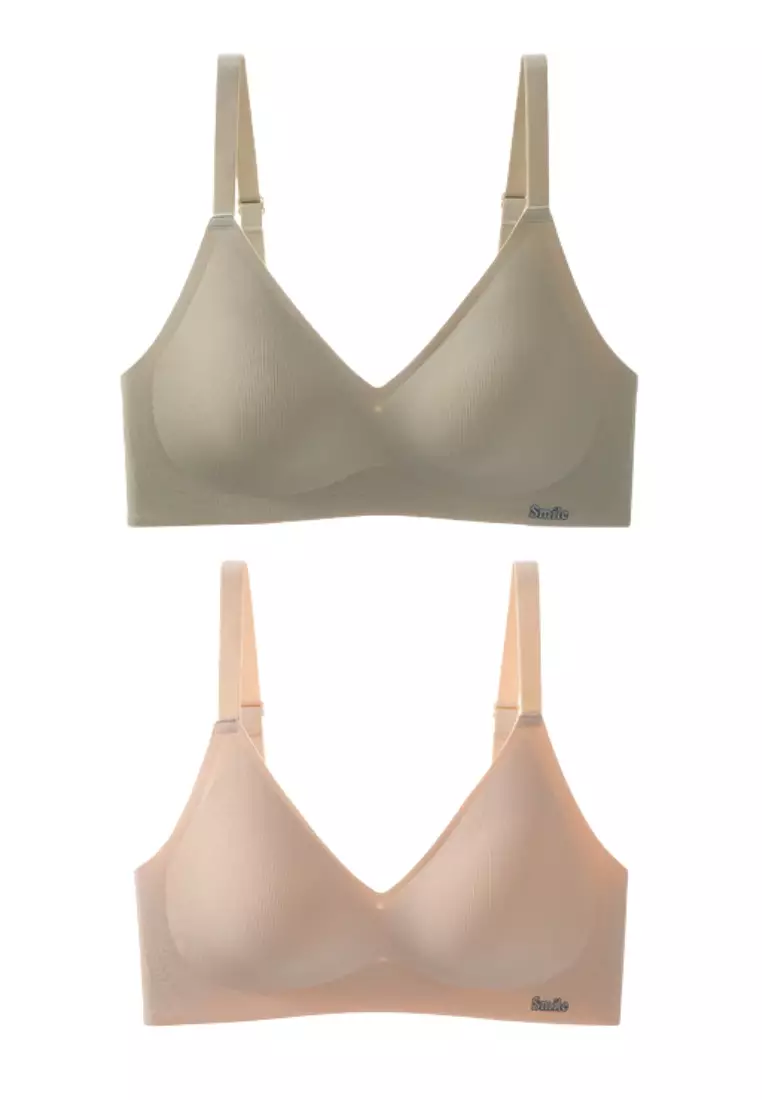 2 Pack Premium Melanie Seamless Wireless Padded Support Bra in Green and Nude