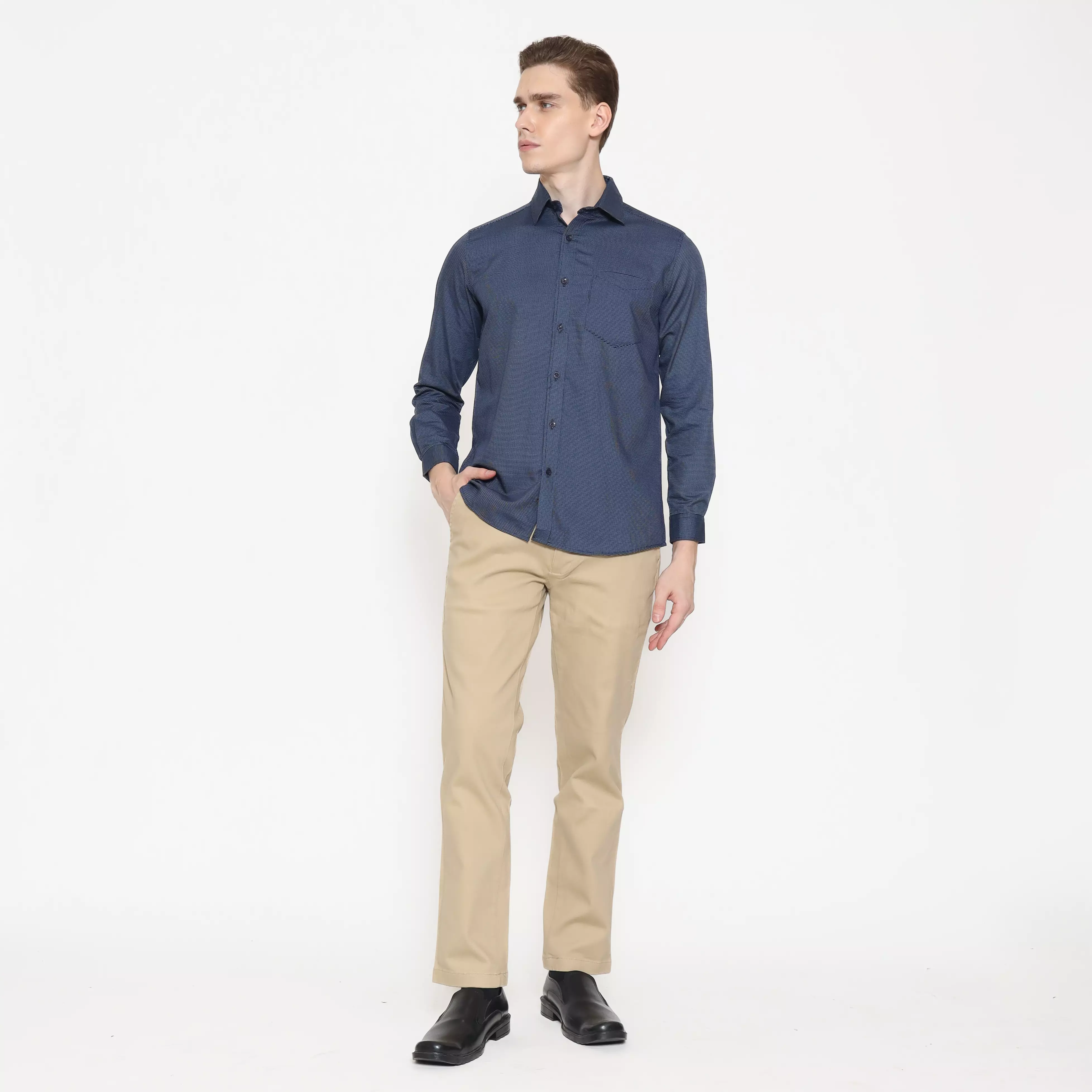 Schoeller Kemeja Casual Pria Lengan Panjang Slim Fit Warna Biru Abu – S.9-KCLSF-B201-CVN-BL4