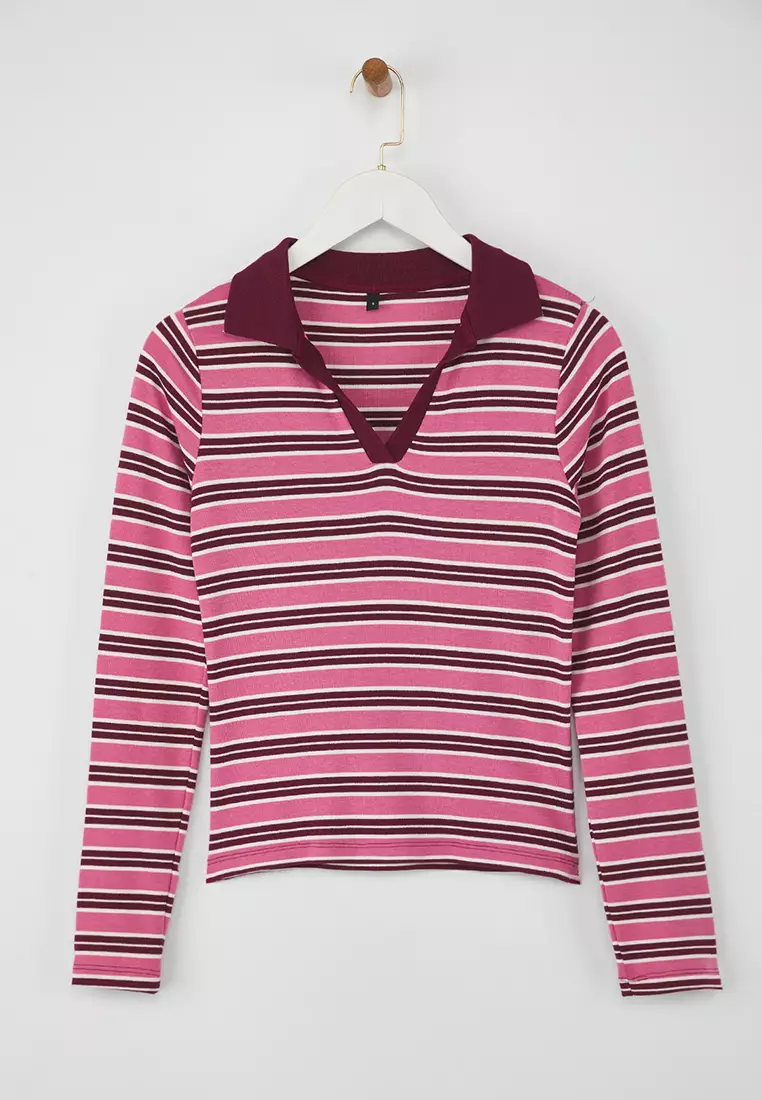 Teen Pink Striped Polo Neck Fitted/Body-Smoothing Knitted Blouse Twoaw26Bz00034