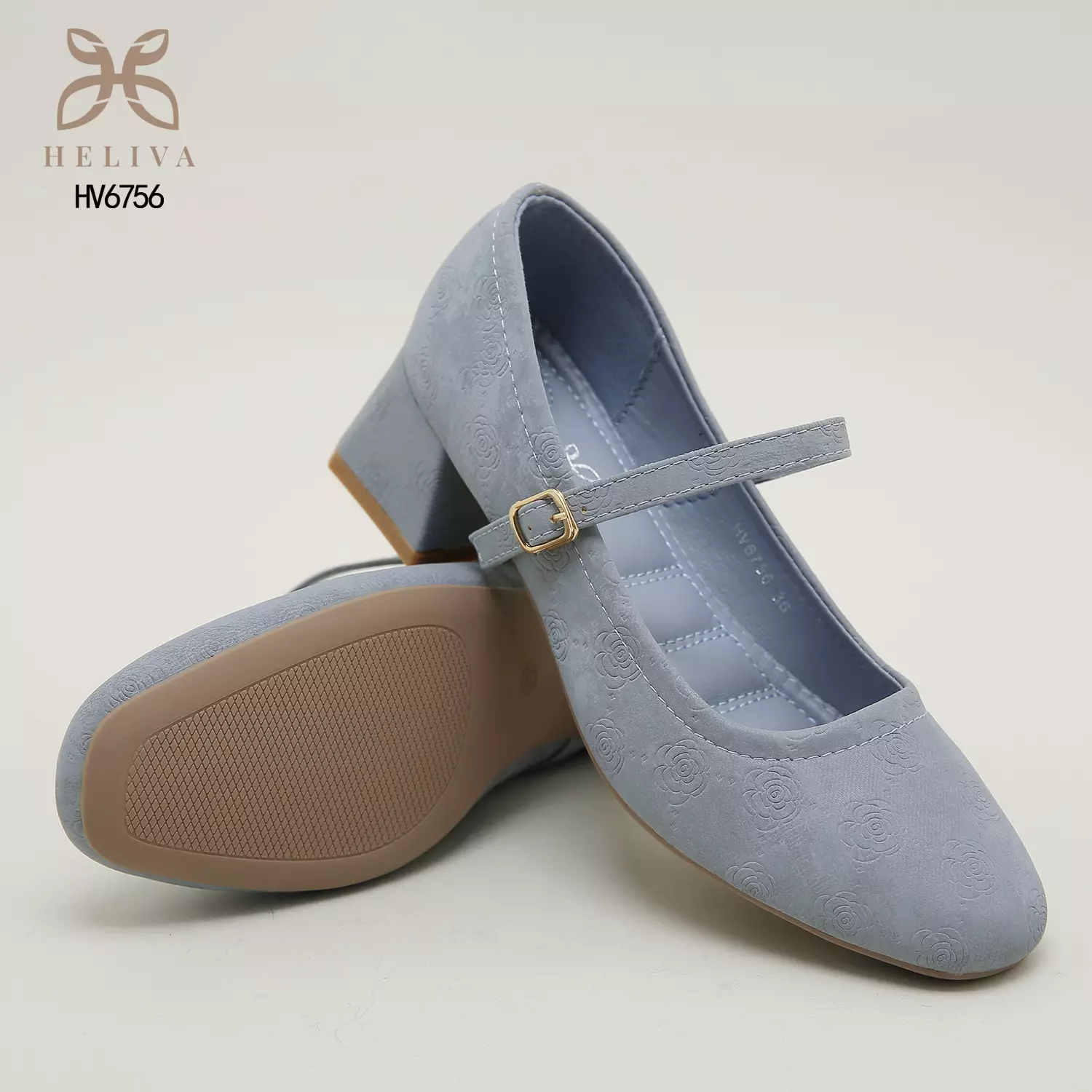 Heliva Kimmy Marry Jane Shoes Heels Chunky Embossed Flower Sol 5cm