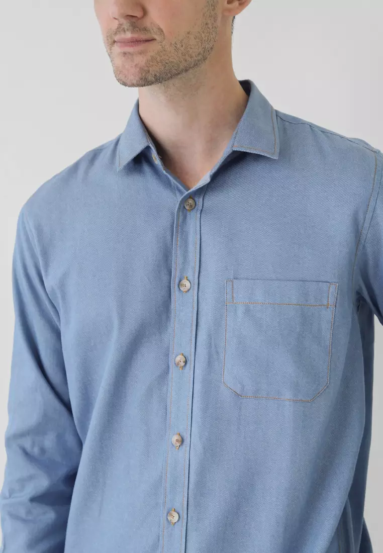 Cotton Well Light Denim Series in Washed Blue | Kemeja Lengan Panjang Denim Biru