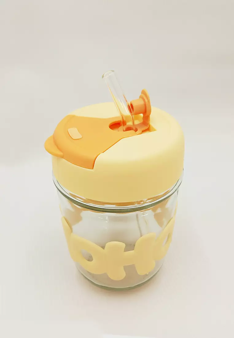 Wakakids Botol Minum Gelas Kaca Tumbler Cup Aesthetic Motif Hoho Free Sedotan Kaca 350ml Venjr Kuning
