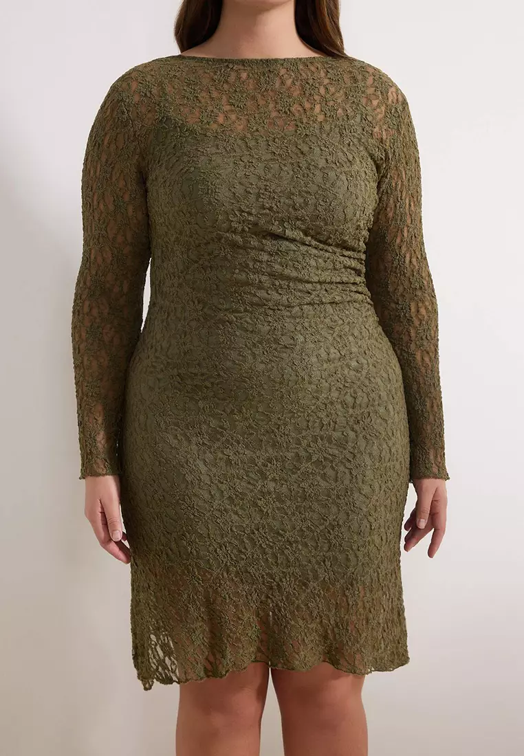 Khaki Lace Knitted Mini Plus Size Dress Tbbaw26Ah00042