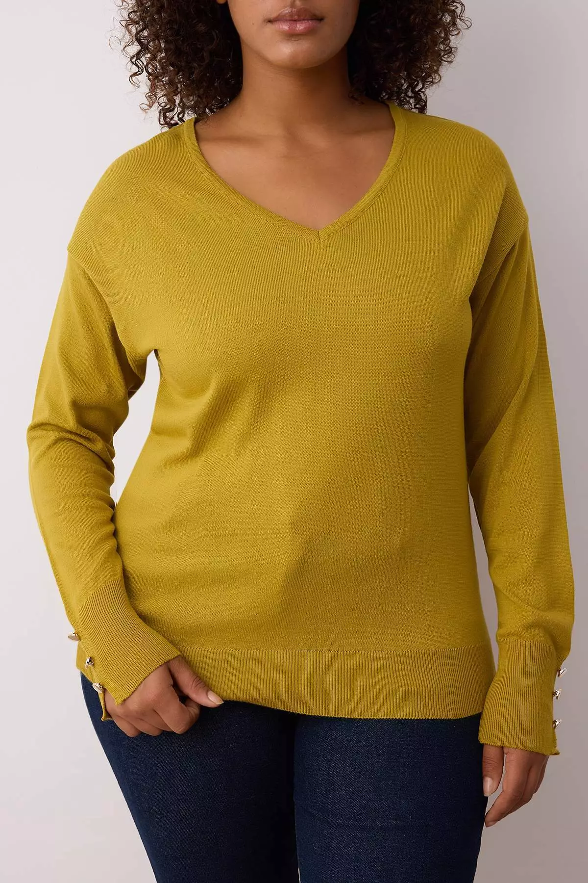 Khaki V-Neck Button Detailed Knitwear Sweater Tbbaw23An00043