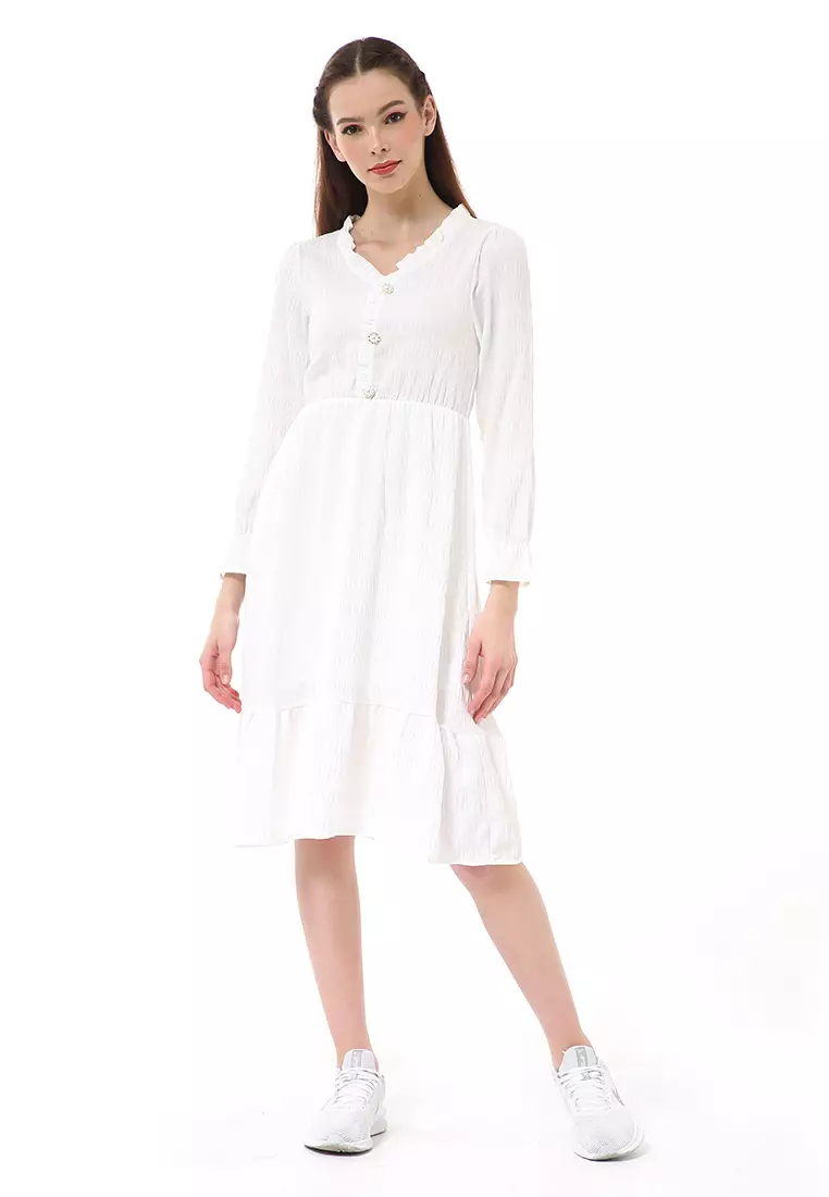 Rachel Dress Kasual Wanita Lengan Panjang Model Simple Material Chiffon ORIGINAL - White