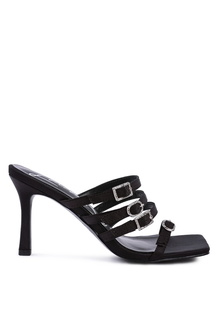 Black Diamante Buckle Mid Heel Sandals