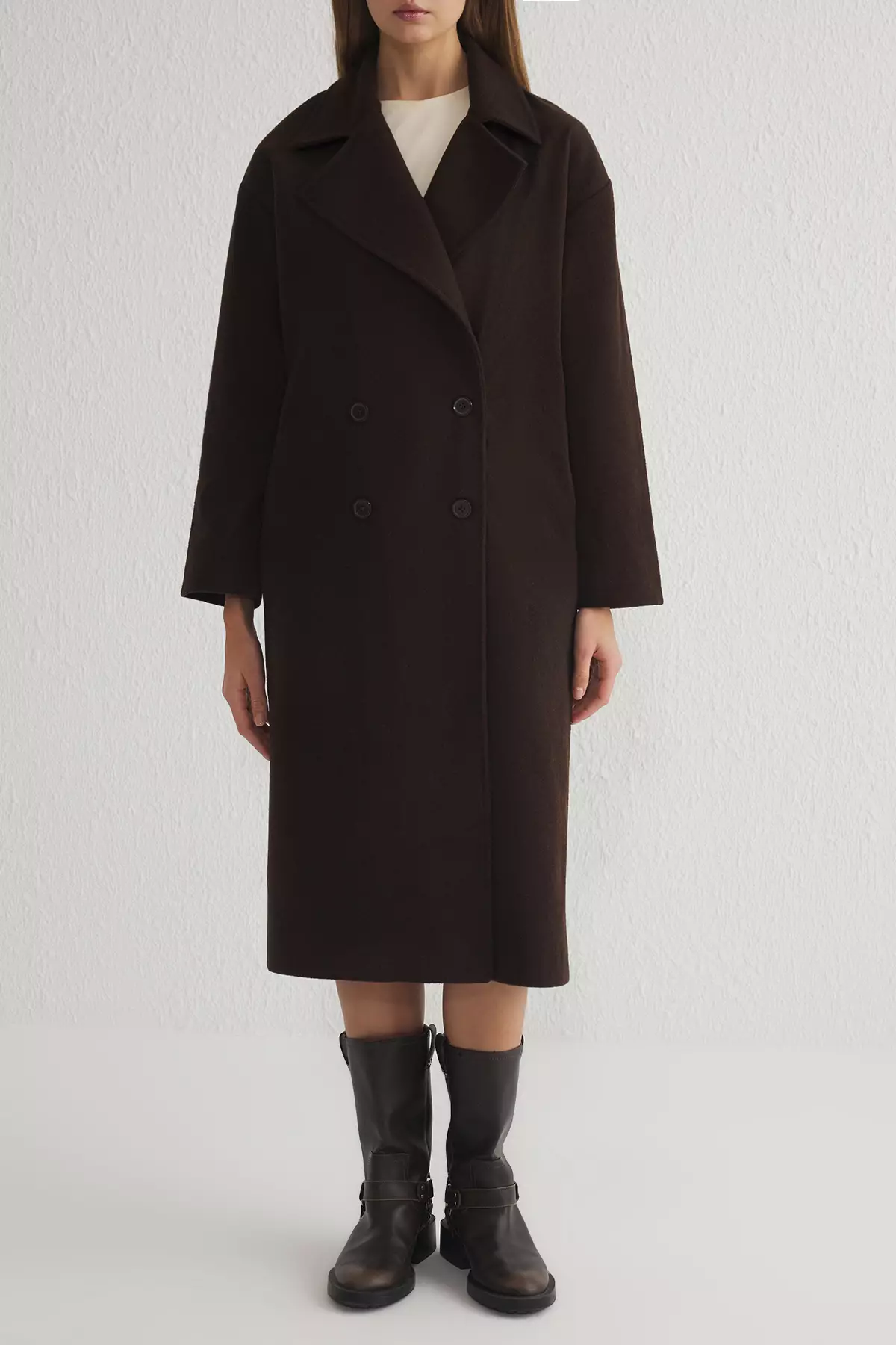 Brown Oversized Wide Cut Long Wool Cashmere Coat TWOAW21KB0038