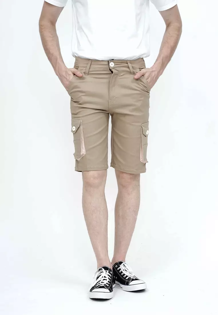 Celana pendek kargo pria cargo pants slim fit melar stretch houseofcuff Krim tua